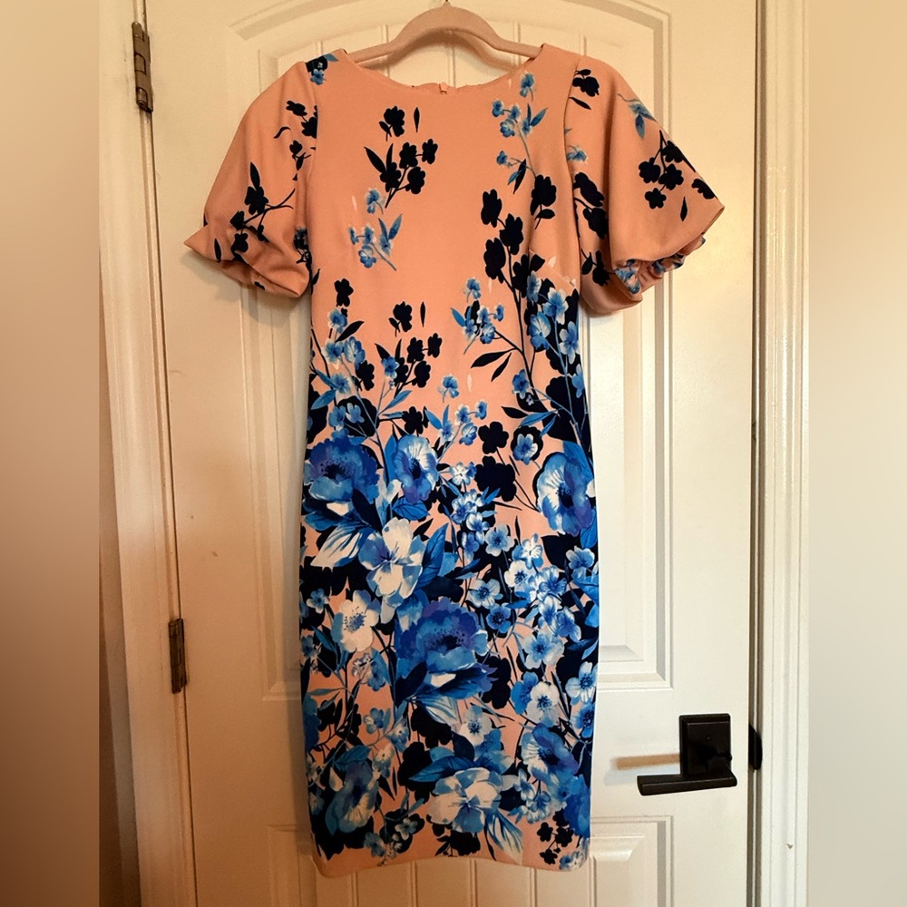 EUC Eliza J Peach and Blue Floral Midi Dress